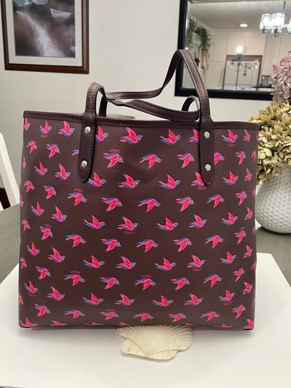 Coach reversible Maroon Tote with Pink Bird Motif - Picture 8 of 15